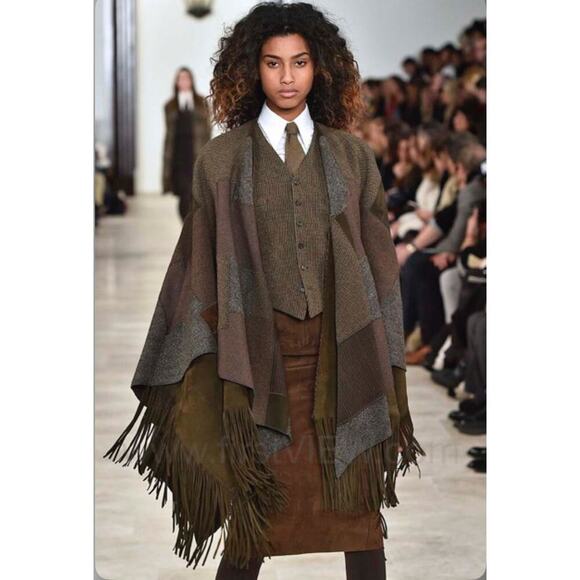 Ralph Lauren Collection Patchwork Poncho Runway 2016 Wool Suede Fringe Coat M/L - Picture 7 of 12
